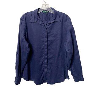 Lauren Ralph Lauren Navy Blue Linen Button Up Roll Tab Sleeve Shirt Women’s Sz L